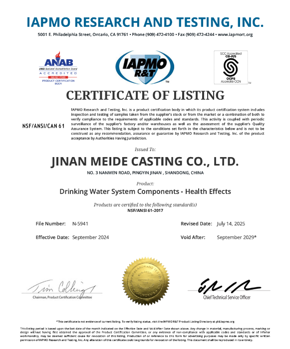 Meide Group's socket gate valves, flange gate valves, and fire hydrants (dry + wet) have obtained NSF61 certification。